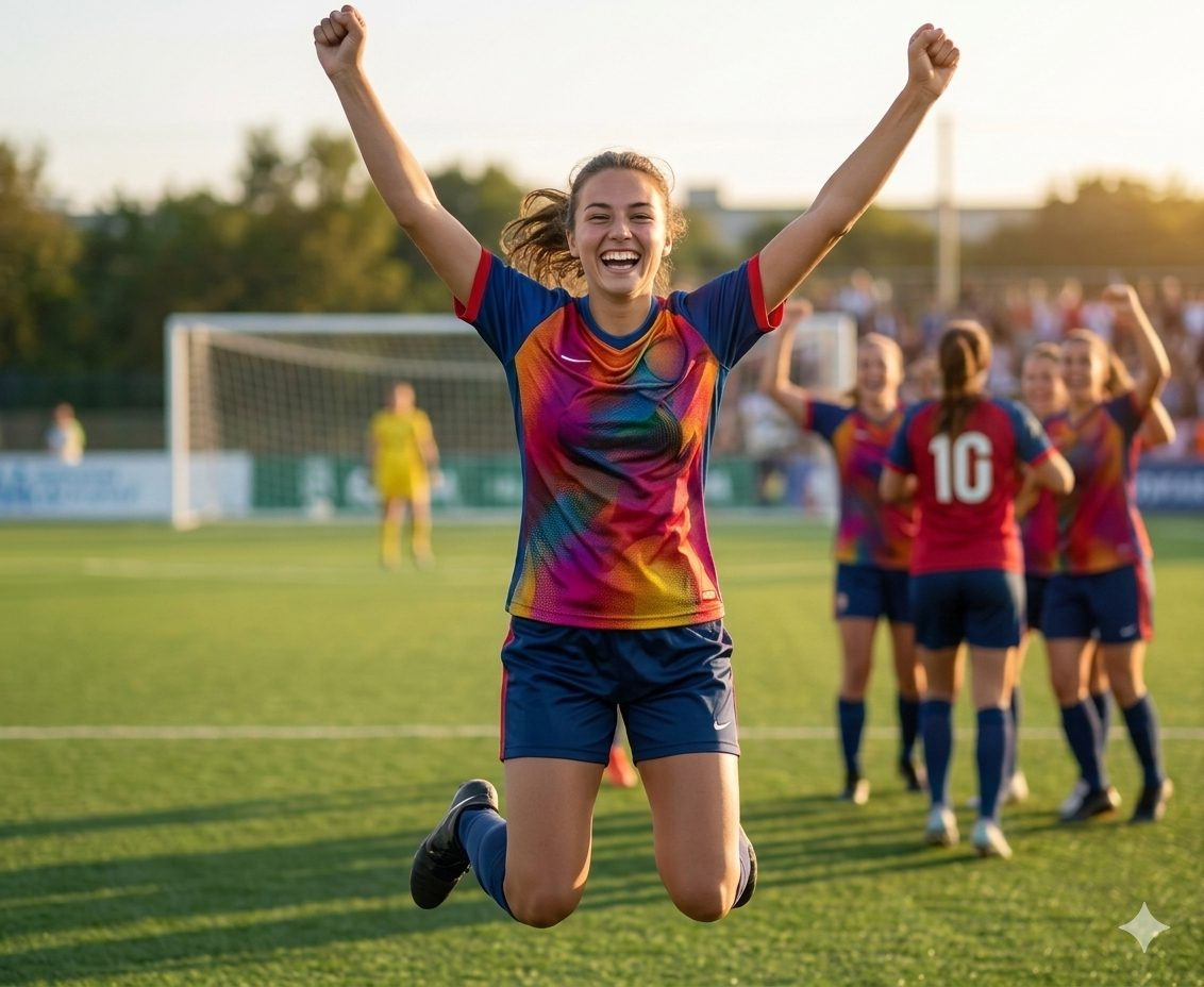 A teenage girl jumping and celebrating on a sports field