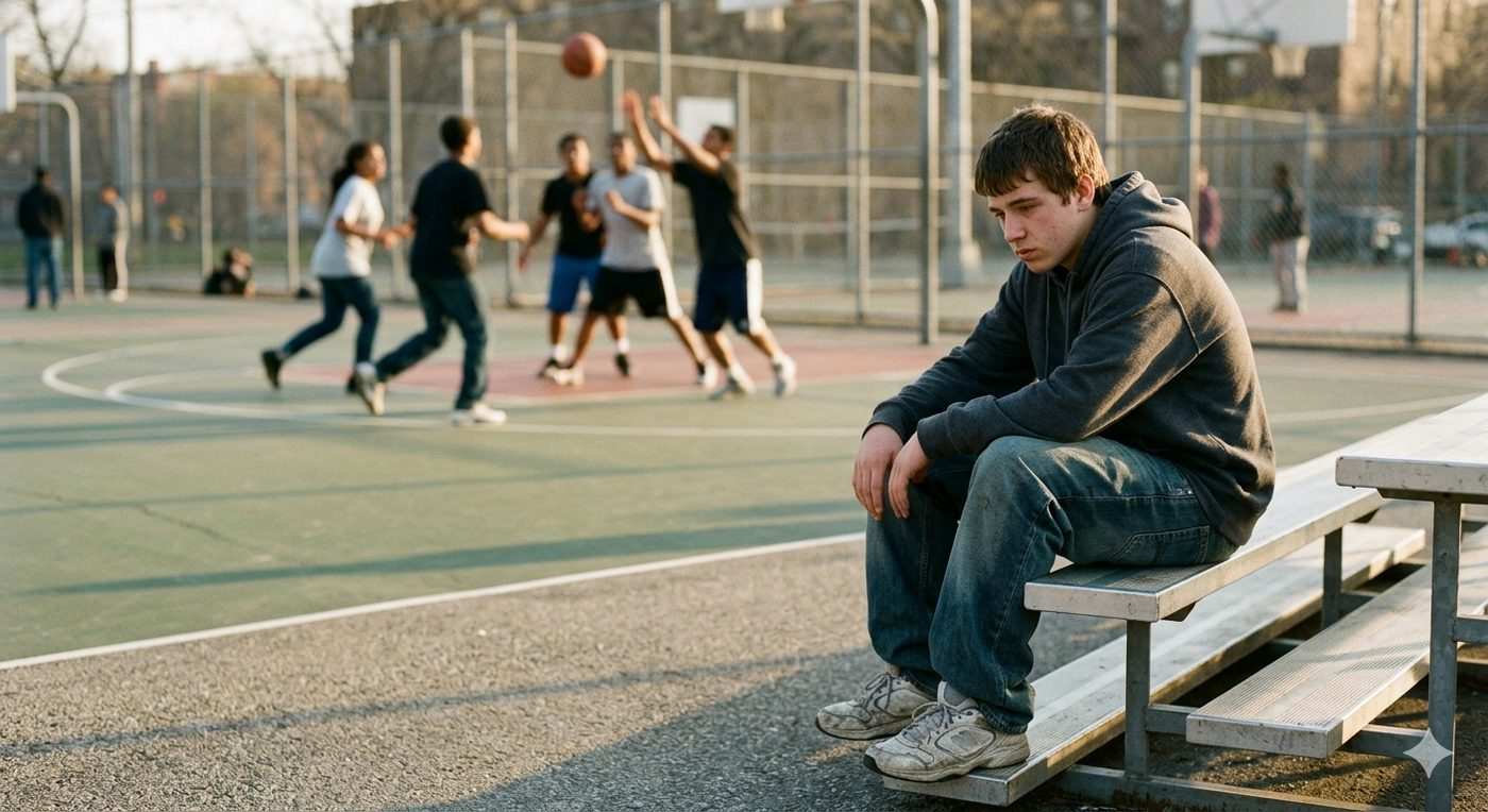 A teenager sitting alone on a bench beside a basketball court